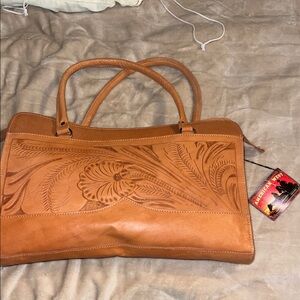 American West Tooled Leather Tote in Cognac